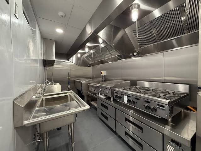 Professional commercial kitchen layout with cooking and preparation areas