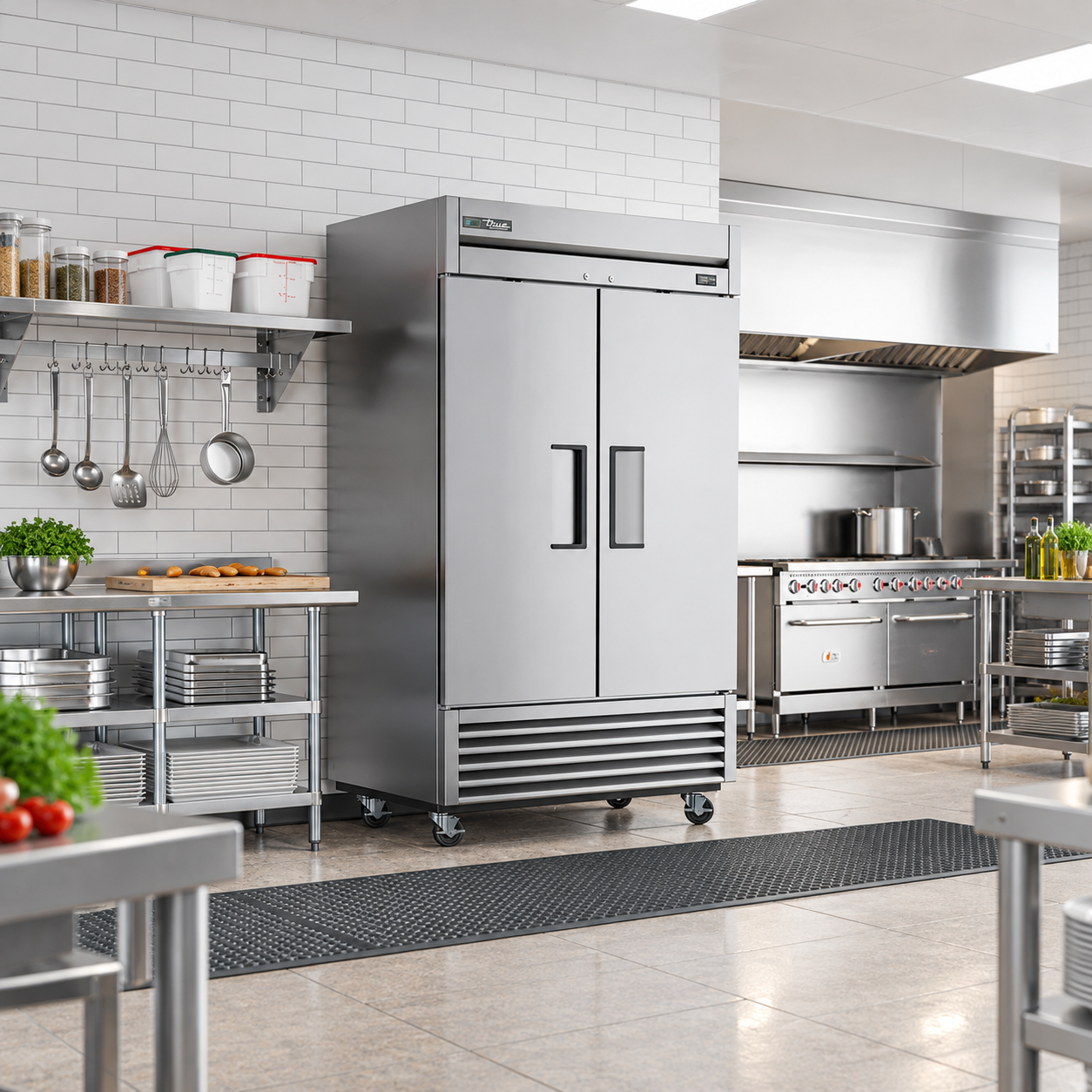 Commercial kitchen preparation area with storage